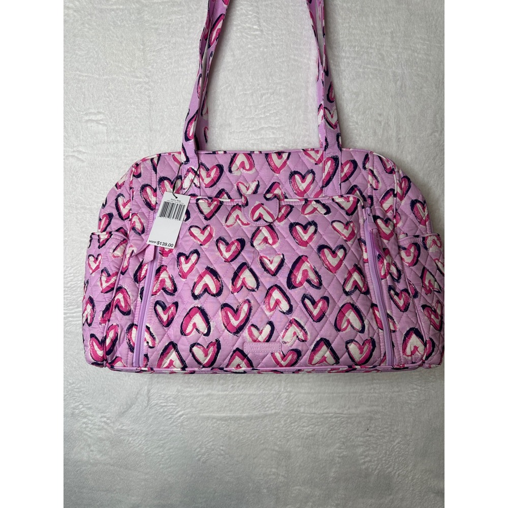 NWT Vera Bradley Baby Bag Quilted Cotton Diaper Bag Lavender Pink Painted Hearts